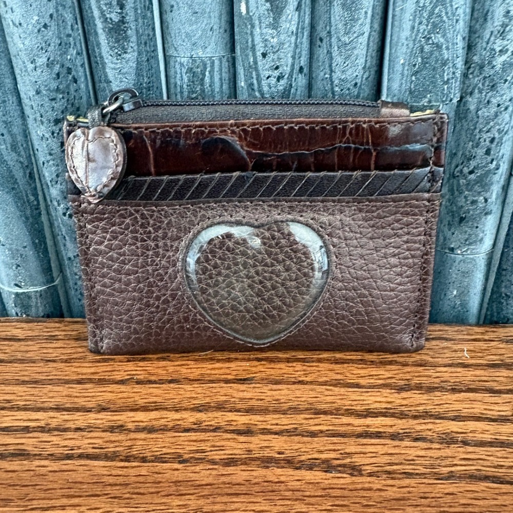 Brighton Brown Pebbled Leather Croc Trim Heart ID Window Coin Purse Card Holder